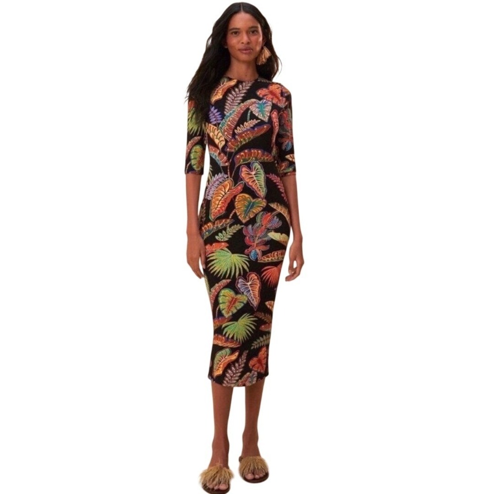 Farm Rio Tropical Leaf Print Cool Foliage Bodycon Midi Dress Women Small Boho